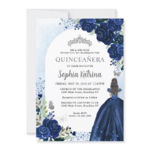 Floral Navy Blue Silver Dress Birthday Quinceanera