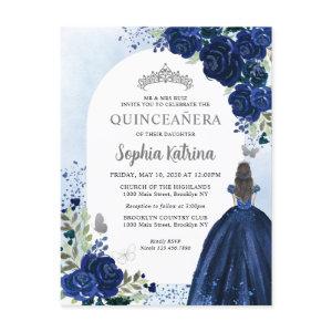 Floral Navy Blue Silver Gown Birthday Quinceanera  Postcard