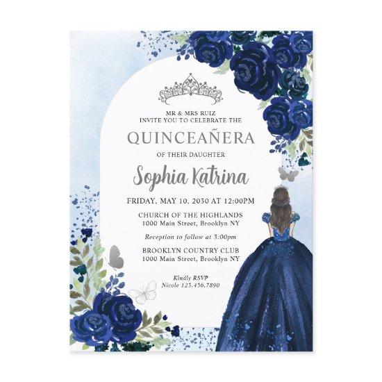 Floral Navy Blue Silver Gown Birthday Quinceanera  Postcard