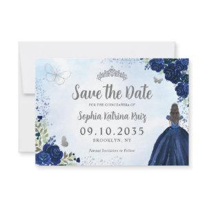 Floral Navy Blue Silver Princess Tiara Quinceanera Save The Date