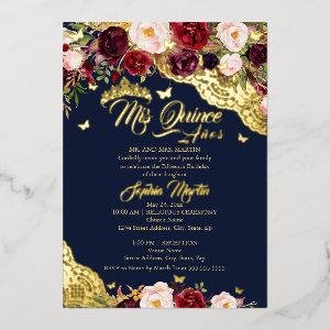 Floral Navy Burgundy Gold Lace Quinceanera Foil
