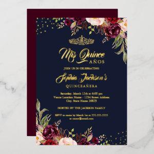 Floral Navy Burgundy Red Gold Quinceanera  Foil