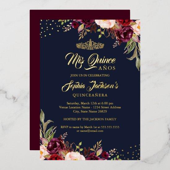 Floral Navy Burgundy Red Gold Quinceanera  Foil