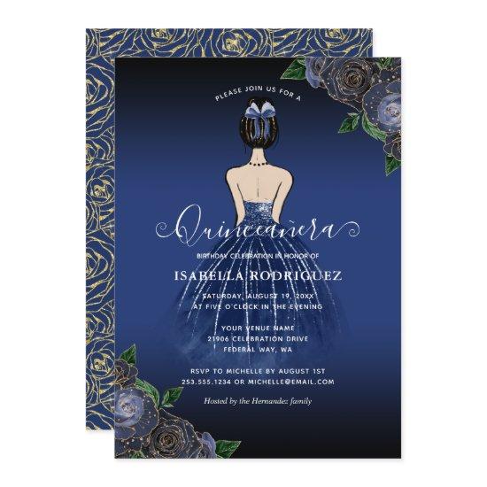Floral Navy Princess Gold Birthday Quinceañera