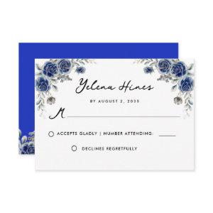 Floral Navy Rose Adorned Golden Quinceanera RSVP Thank You Card