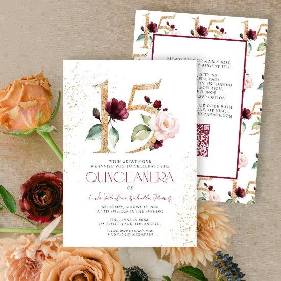 Floral Number 15 Burgundy Gold QR Quinceañera