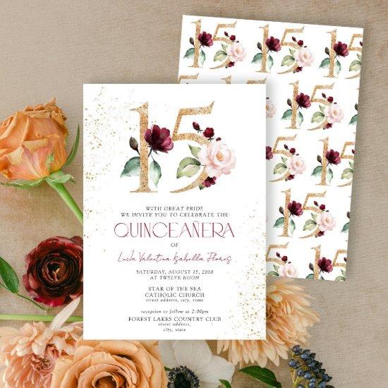 Floral Number 15 Burgundy Gold Quinceañera
