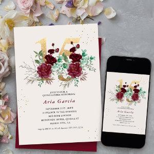 Floral Number 15 Burgundy Red and Gold Quinceanera