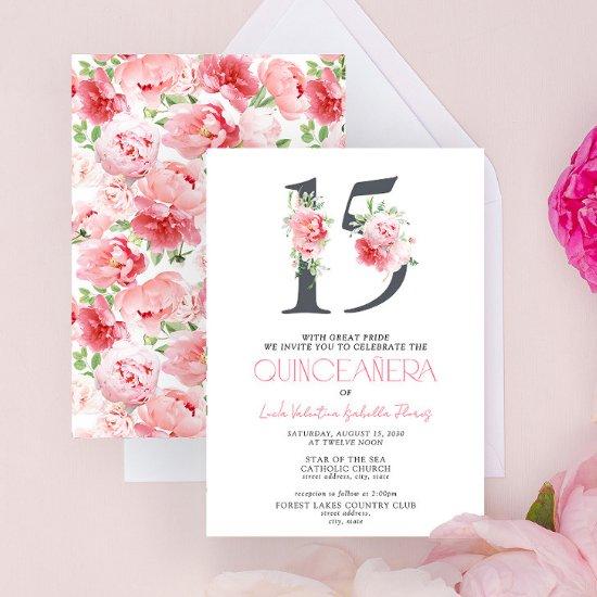 Floral Number 15 Pink Elegant Modern Quinceañera