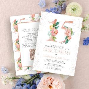Floral Number 15 Pink Rose Gold QR Quinceañera