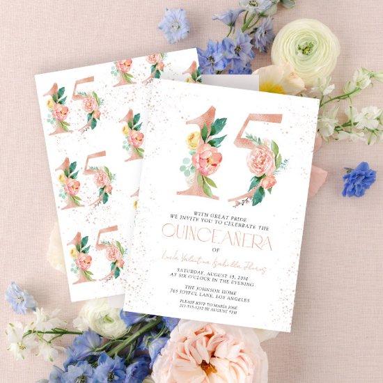 Floral Number 15 Pink Rose Gold Quinceañera