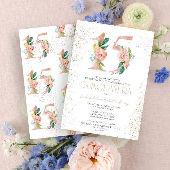Floral Number 15 Pink Rose Gold Quinceañera