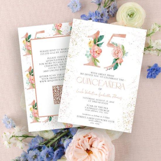 Floral Number 15 QR Pink Rose Gold Quinceañera