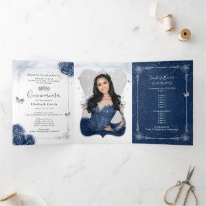 Floral Photo Silver and Navy Blue Quinceanera Tri-Fold