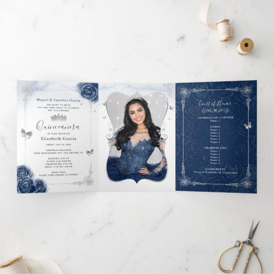 Floral Photo Silver and Navy Blue Quinceanera Tri-Fold