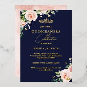 Floral Pink Blush Navy Quinceanera Birthday  Foil