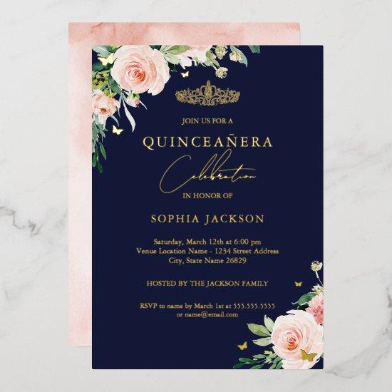 Floral Pink Blush Navy Quinceanera Birthday  Foil