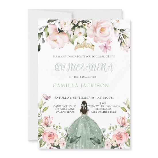 Floral Pink Chic Sage Green Quinceanera Baby show