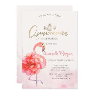 Floral Pink Flamingos Gold Tiara Quinceañera