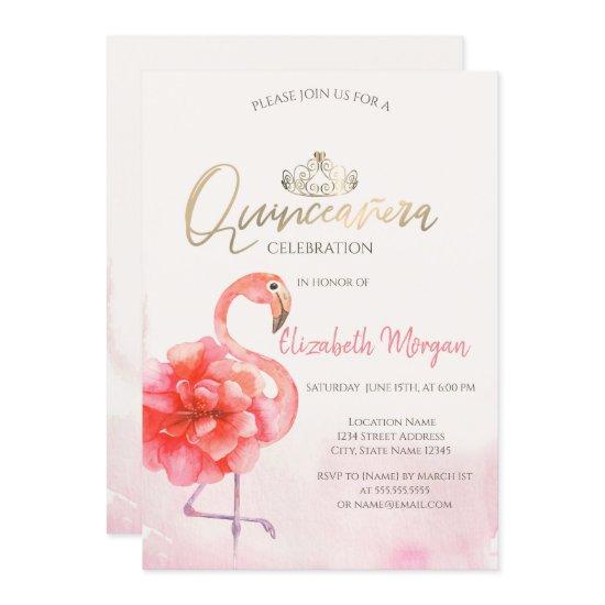 Floral Pink Flamingos Gold Tiara Quinceañera