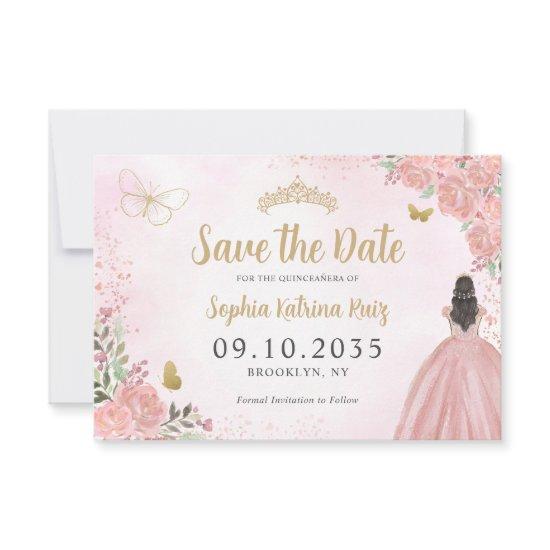 Floral Pink Gold Princess Birthday Quinceanera Save The Date