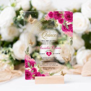 Floral Pink Gold Tiara Butterfly Mis Quinceañera Acrylic