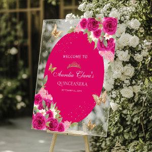 Floral Pink Gold Tiara Butterfly Quinceañera Acrylic Sign