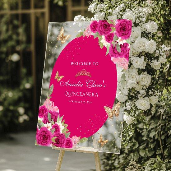 Floral Pink Gold Tiara Butterfly Quinceañera Acrylic Sign