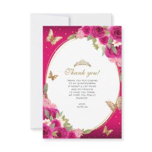 Floral Pink Gold Tiara Butterfly Quinceañera Photo Thank You Card