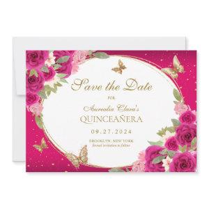 Floral Pink Gold Tiara Butterfly Quinceanera Save The Date