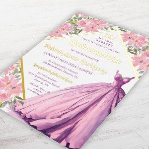 Floral Pink Purple Dress Elegant Quinceanera Gold Foil