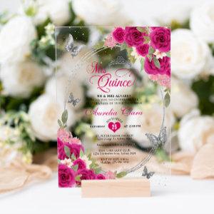 Floral Pink Silver Tiara Butterfly Mis Quinceañera Acrylic