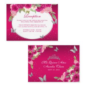 Floral Pink Silver Tiara Butterfly Quinceañera Enclosure Card