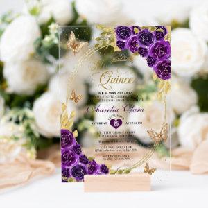 Floral Purple Gold Tiara Butterfly Mis Quinceañera Acrylic