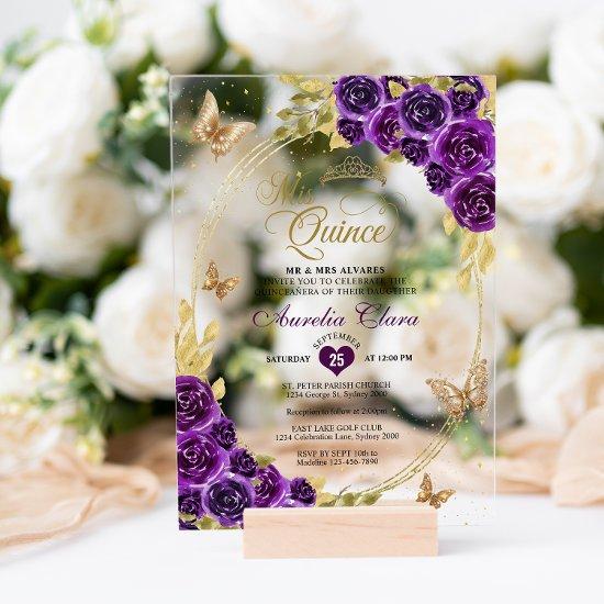 Floral Purple Gold Tiara Butterfly Mis Quinceañera Acrylic
