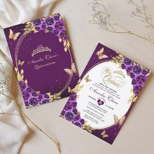 Floral Purple Gold Tiara Butterfly Mis Quinceañera