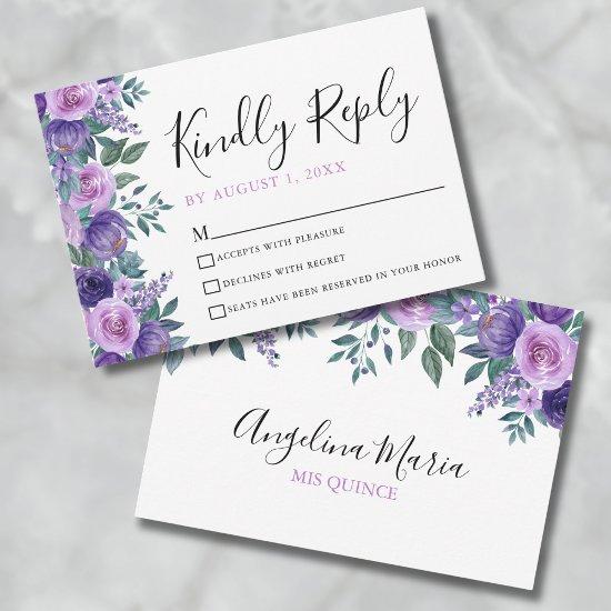 Floral Purple Quinceanera RSVP Card