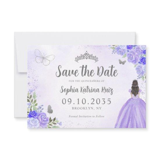 Floral Purple Silver Princess Birthday Quinceanera Save The Date
