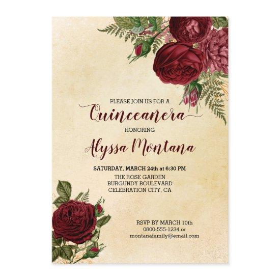 Floral Quinceanera Burgundy Red Roses on Vintage