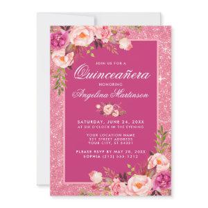 Floral Quinceanera Hot Pink Glitter