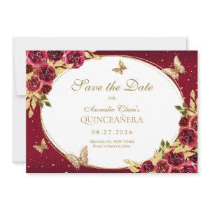 Floral Red Gold Butterfly Quinceanera Announcement