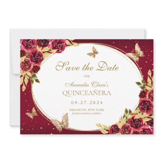 Floral Red Gold Butterfly Quinceanera Announcement