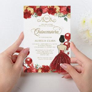 Floral Red Gold Princess XV Quinceañera Birthday