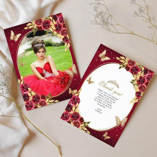 Floral Red Gold Tiara Butterfly Photo Quinceañera Thank You Card