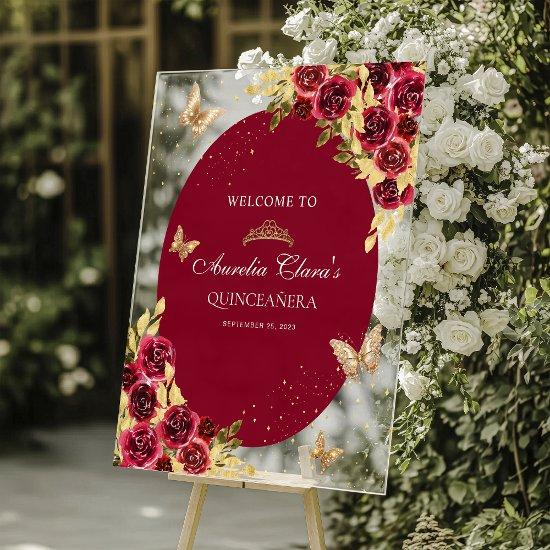 Floral Red Gold Tiara Butterfly Quinceañera Acrylic Sign