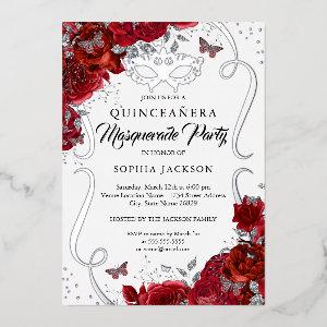 Floral Red Silver Scroll Masquerade Quinceanera Foil