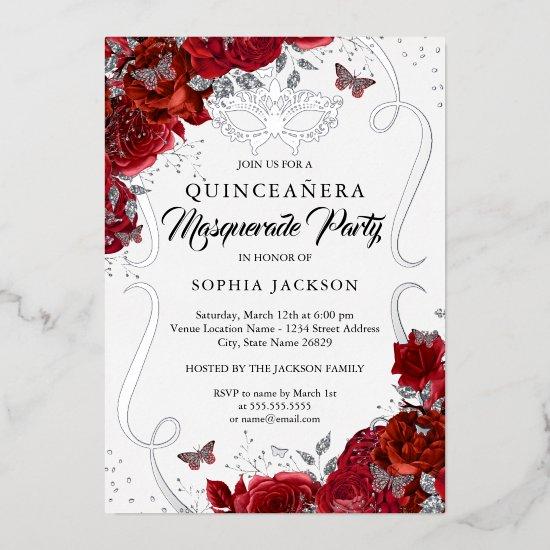 Floral Red Silver Scroll Masquerade Quinceanera Foil