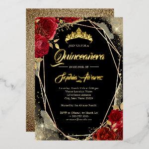 Floral Rose Red Gold Black Tiara Quinceanera Foil