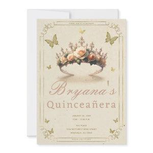 Floral Rose Tiara & Gold Butterflies Quinceañera