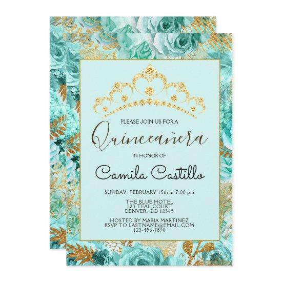 Floral Roses Teal Flowers Pattern Quinceanera